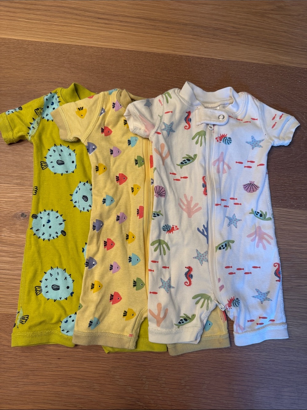 Hanna Andersson Short-Sleeve One-Piece Zip-up Romper Set of 3- Sea Life Prints